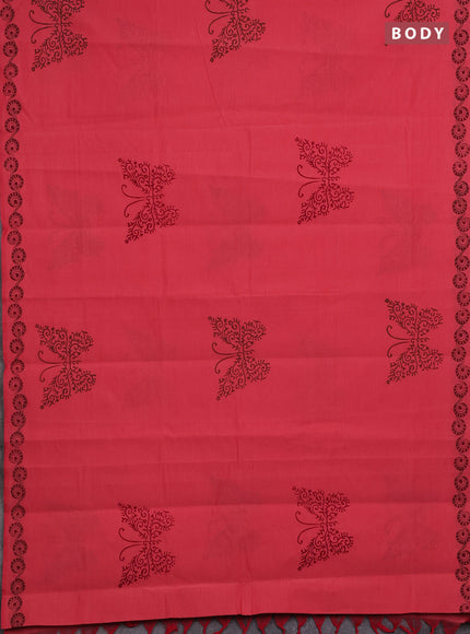 Peach Pink & Coffee Brown Semi Silk Cotton Saree - Printed