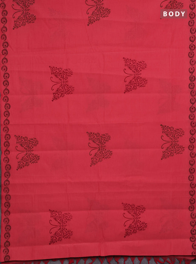 Peach Pink & Coffee Brown Semi Silk Cotton Saree - Printed