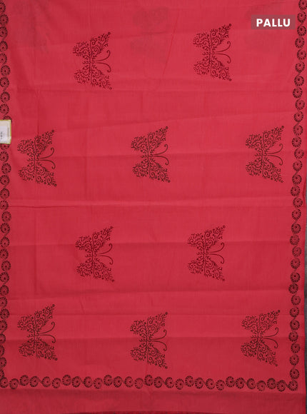 Peach Pink & Coffee Brown Semi Silk Cotton Saree - Printed