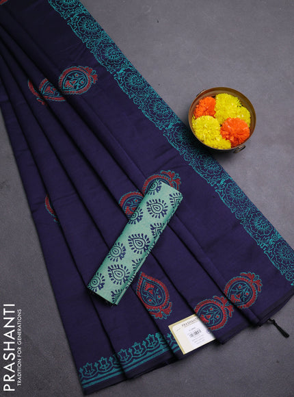 Navy Blue & Teal Green Semi Silk Cotton Saree - Printed