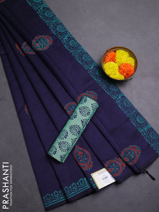 Navy Blue & Teal Green Semi Silk Cotton Saree - Printed