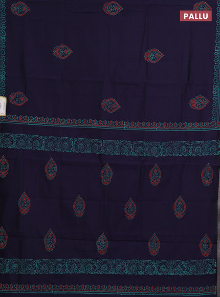 Navy Blue & Teal Green Semi Silk Cotton Saree - Printed