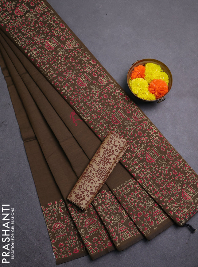 Brown & Beige Semi Silk Cotton Saree - Printed