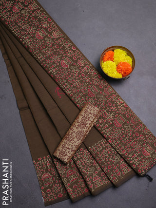 Brown & Beige Semi Silk Cotton Saree - Printed