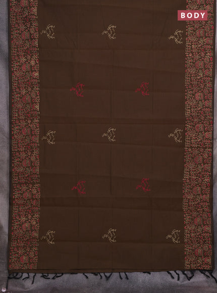 Brown & Beige Semi Silk Cotton Saree - Printed