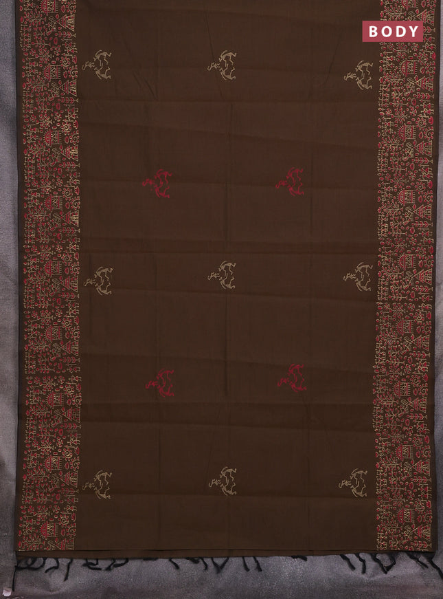 Brown & Beige Semi Silk Cotton Saree - Printed