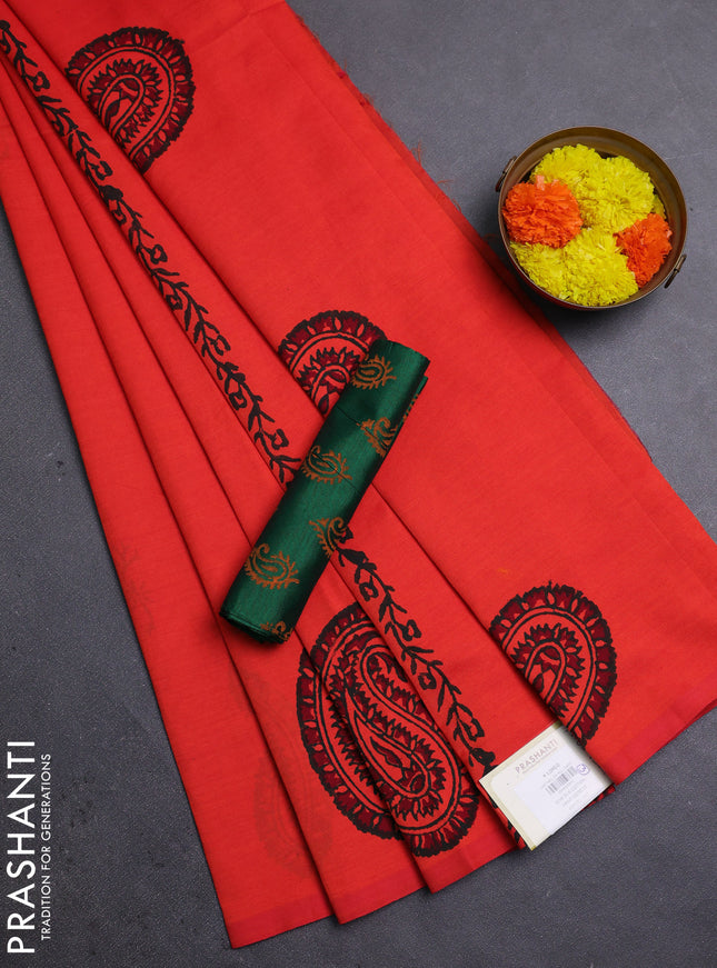 Orange & Green Semi Silk Cotton Saree - Printed