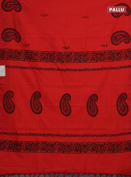 Orange & Green Semi Silk Cotton Saree - Printed