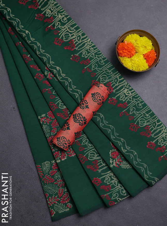 Green & Peach Semi Silk Cotton Saree - Printed