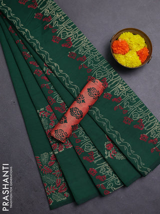 Green & Peach Semi Silk Cotton Saree - Printed