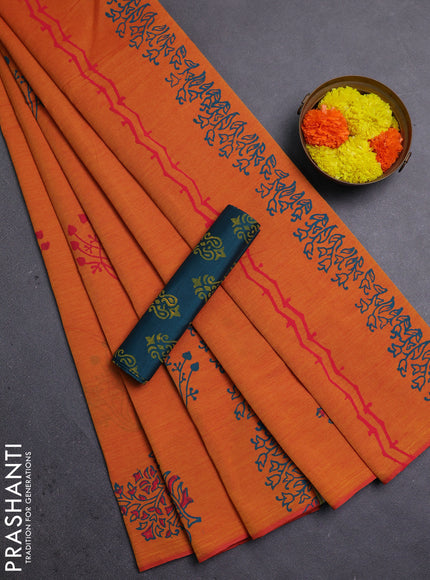 Sunset Orange & Peacock Green Semi Silk Cotton Saree - Printed