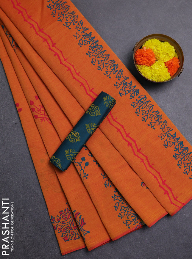 Sunset Orange & Peacock Green Semi Silk Cotton Saree - Printed