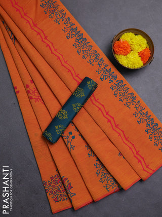 Sunset Orange & Peacock Green Semi Silk Cotton Saree - Printed