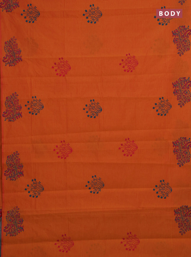 Sunset Orange & Peacock Green Semi Silk Cotton Saree - Printed