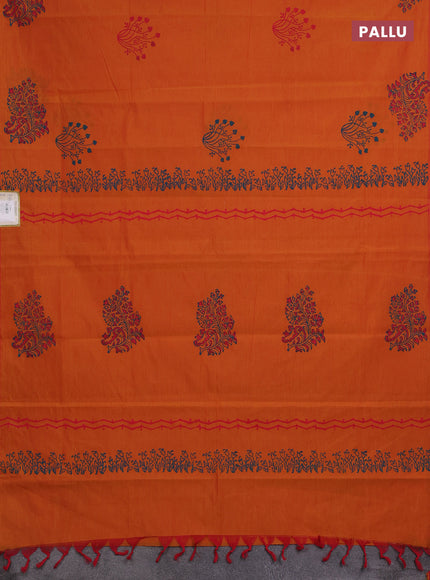 Sunset Orange & Peacock Green Semi Silk Cotton Saree - Printed