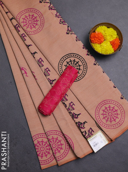Peach & Pink Semi Silk Cotton Saree - Printed