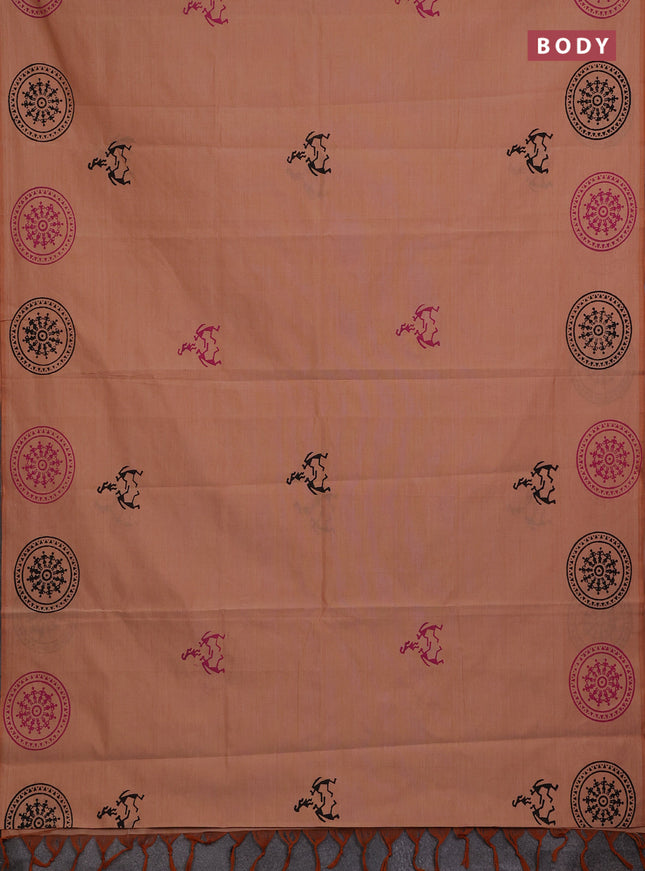 Peach & Pink Semi Silk Cotton Saree - Printed