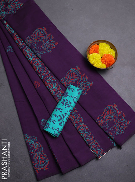 Purple & Teal Green Semi Silk Cotton Saree - Printed