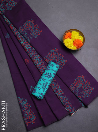 Purple & Teal Green Semi Silk Cotton Saree - Printed