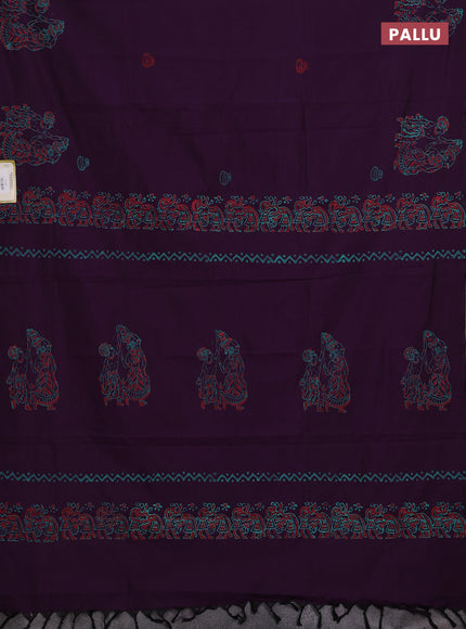 Purple & Teal Green Semi Silk Cotton Saree - Printed