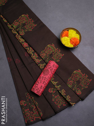 Coffee Brown & Peach Pink Semi Silk Cotton Saree - Printed