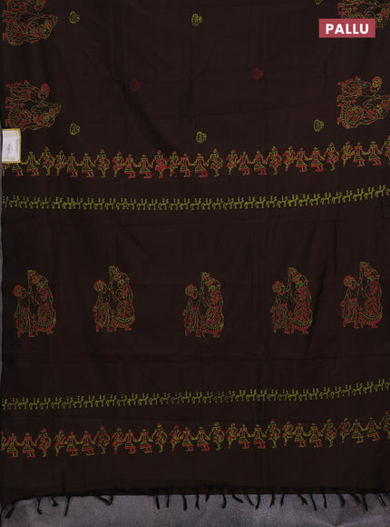 Coffee Brown & Peach Pink Semi Silk Cotton Saree - Printed