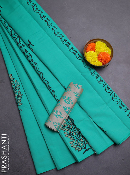 Teal Green & Beige Semi Silk Cotton Saree - Printed