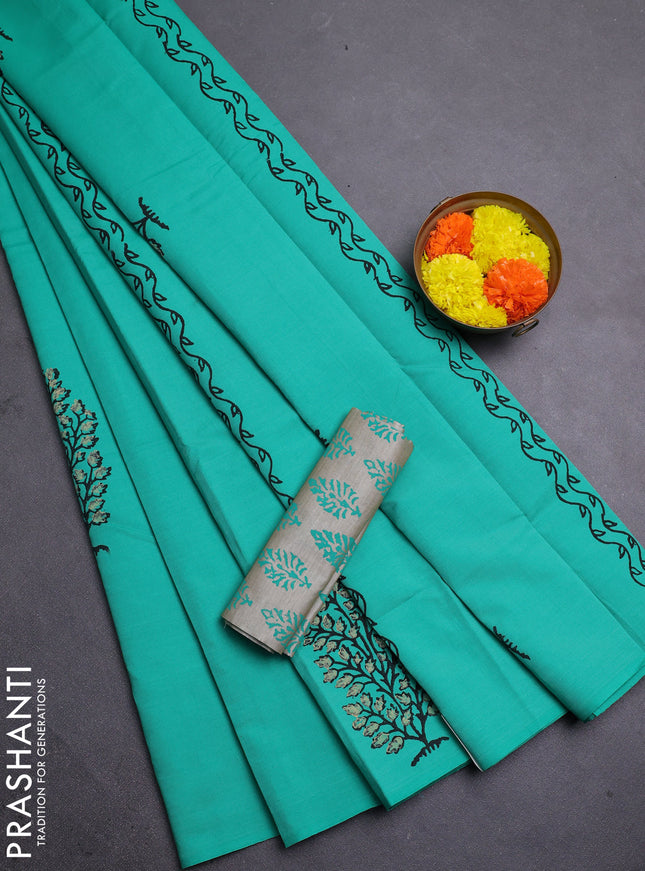 Teal Green & Beige Semi Silk Cotton Saree - Printed
