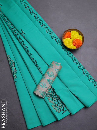 Teal Green & Beige Semi Silk Cotton Saree - Printed