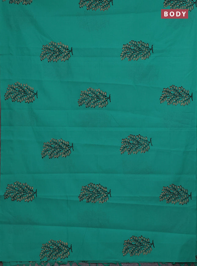 Teal Green & Beige Semi Silk Cotton Saree - Printed