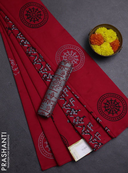 Red & Grey Semi Silk Cotton Saree - Printed
