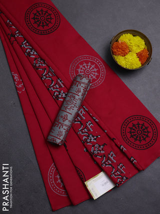 Red & Grey Semi Silk Cotton Saree - Printed