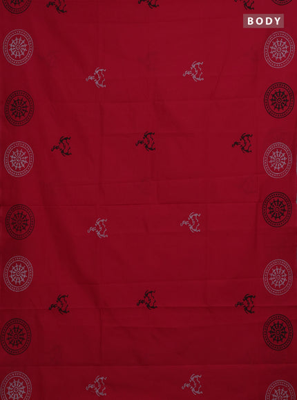 Red & Grey Semi Silk Cotton Saree - Printed