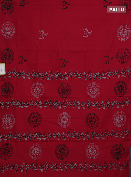 Red & Grey Semi Silk Cotton Saree - Printed