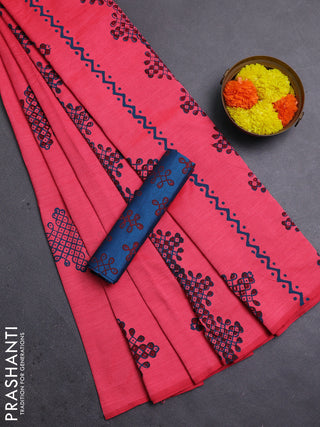 Pink & Blue Semi Silk Cotton Saree - Printed