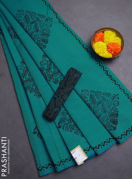 Blue & Black Semi Silk Cotton Saree - Printed