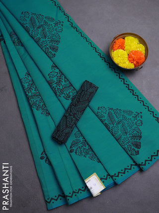 Blue & Black Semi Silk Cotton Saree - Printed