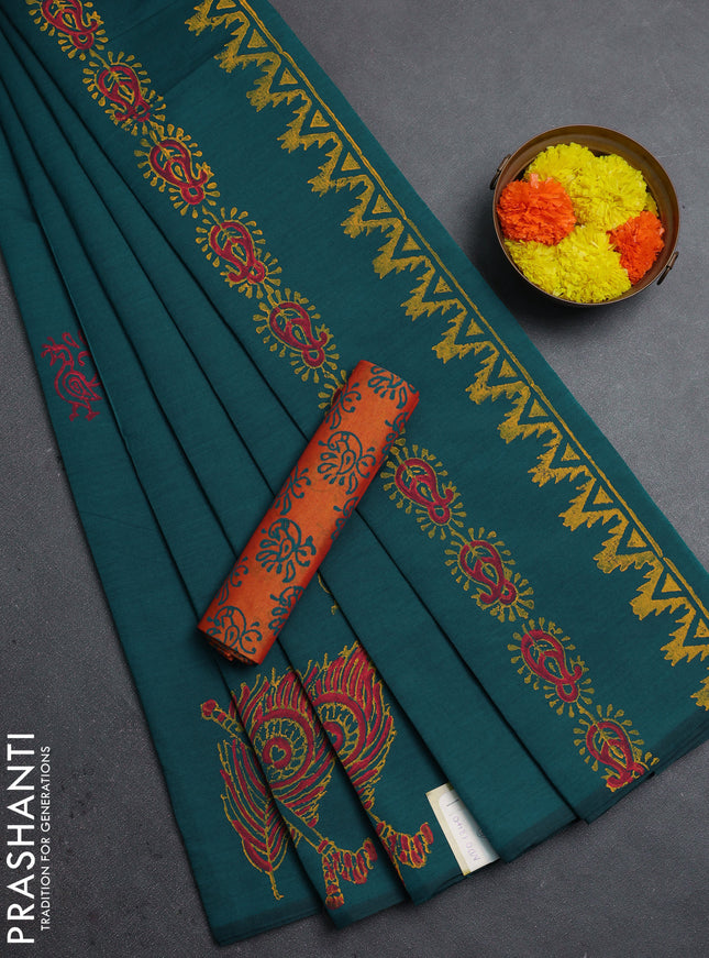 Peacock Green & Sunset Orange Semi Silk Cotton Saree - Printed