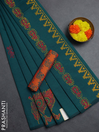 Peacock Green & Sunset Orange Semi Silk Cotton Saree - Printed