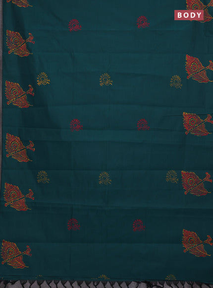 Peacock Green & Sunset Orange Semi Silk Cotton Saree - Printed