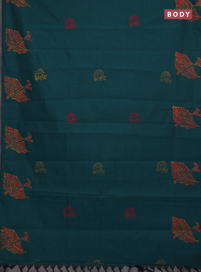Peacock Green & Sunset Orange Semi Silk Cotton Saree - Printed