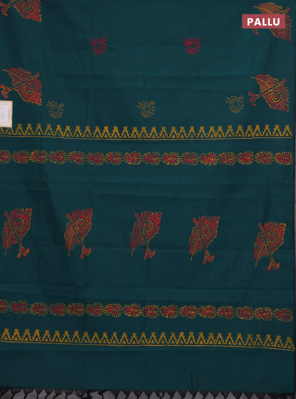 Peacock Green & Sunset Orange Semi Silk Cotton Saree - Printed