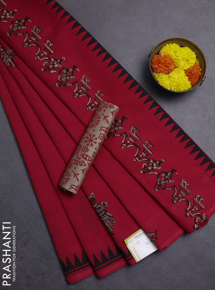 Red & Beige Semi Silk Cotton Saree - Printed