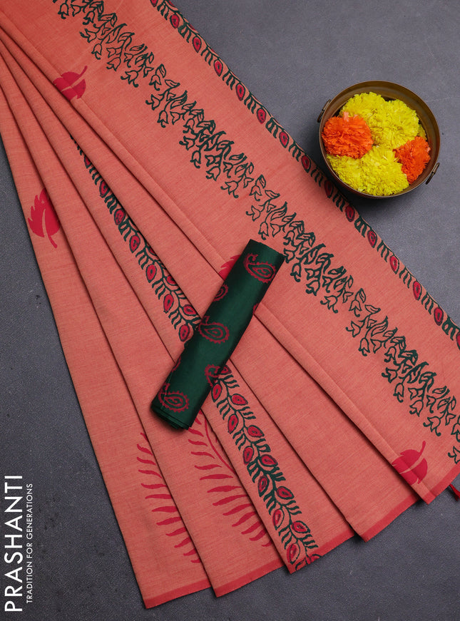Orange & Green Semi Silk Cotton Saree - Printed