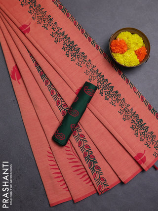 Orange & Green Semi Silk Cotton Saree - Printed