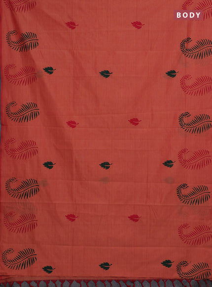 Orange & Green Semi Silk Cotton Saree - Printed