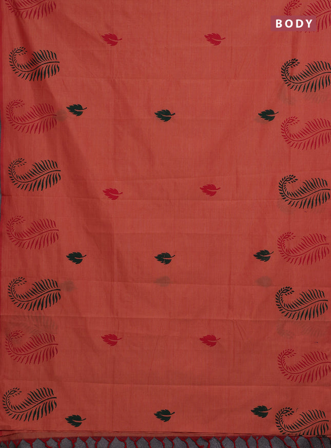 Orange & Green Semi Silk Cotton Saree - Printed
