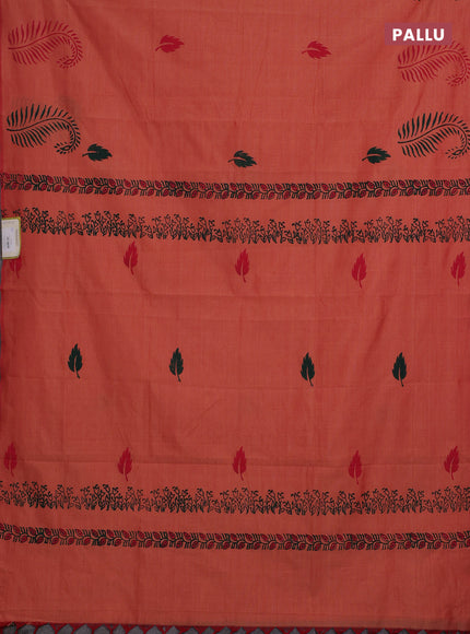 Orange & Green Semi Silk Cotton Saree - Printed
