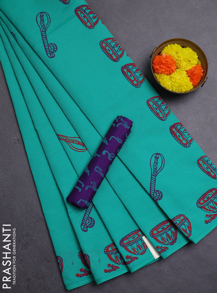 Teal Green & Purple Semi Silk Cotton Saree - Printed