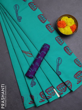 Teal Green & Purple Semi Silk Cotton Saree - Printed
